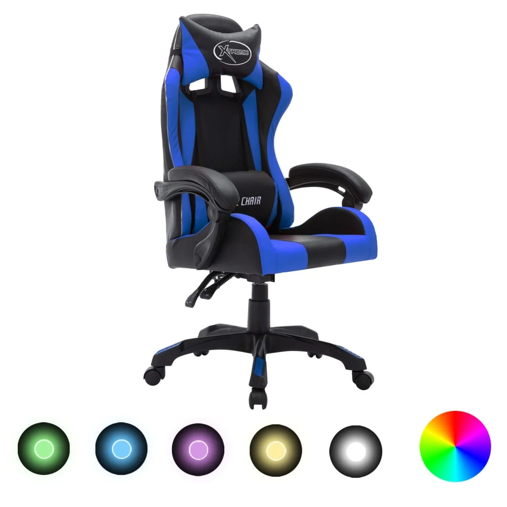 Gamingstol Led Lys Rgb Farver Kunstlæder Blå Sort Med Fodskammel